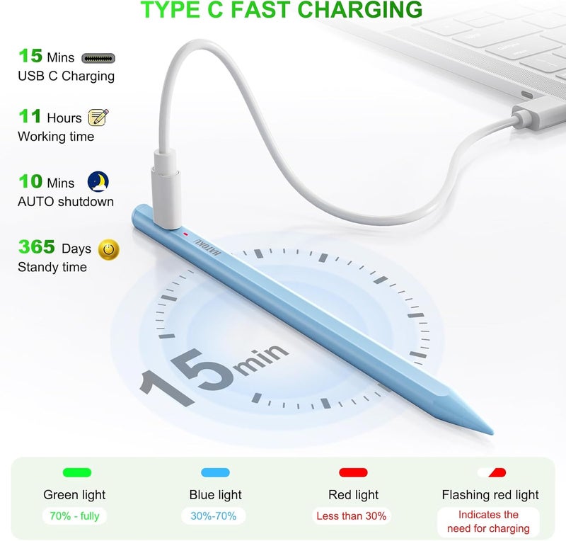 HATOKU Stylus Pen for iPad 2018-2025: 15 Mins Fast Charging Pencil 1 Generation with Tilt Sensitivity Palm Rejection - Work for iPad Air 3 4 5 M2 M3- Pro 11" 12.9" M4 - Mini 5 6 - iPad 6 7 8 9 10 11 (Blue) - Image 3